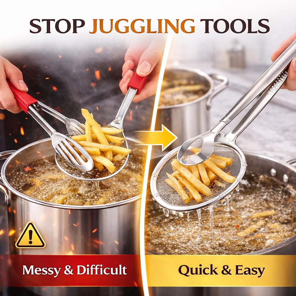 🔥🏆2-in-1 Grip & Drain Frying Strainer Tongs