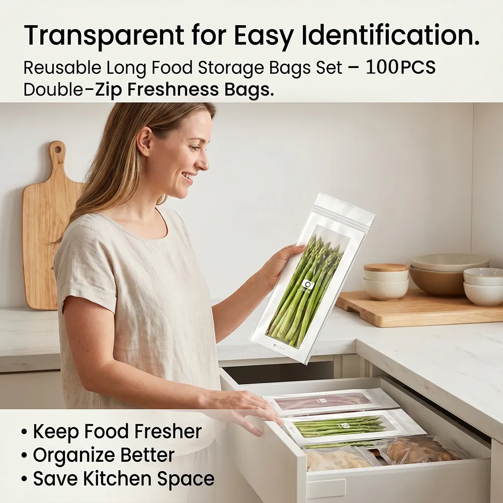 🥬 45/90PCS Reusable Long Food Storage Bags, Double-Zip Seal Freshness Bags for Kitchen