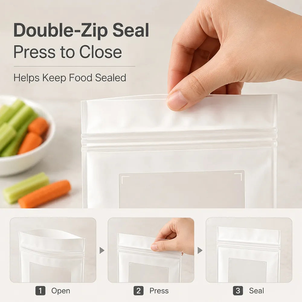 🥬 45/90PCS Reusable Long Food Storage Bags, Double-Zip Seal Freshness Bags for Kitchen