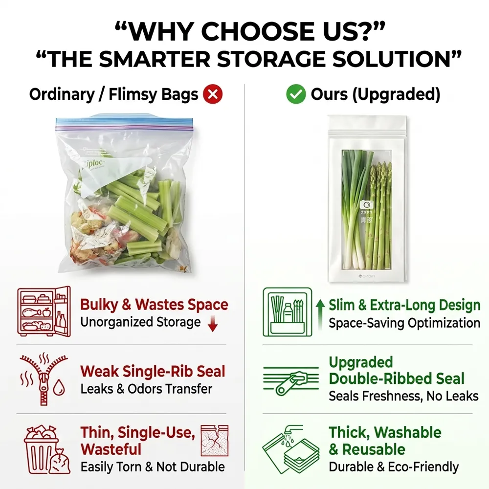 🥬 45/90PCS Reusable Long Food Storage Bags, Double-Zip Seal Freshness Bags for Kitchen