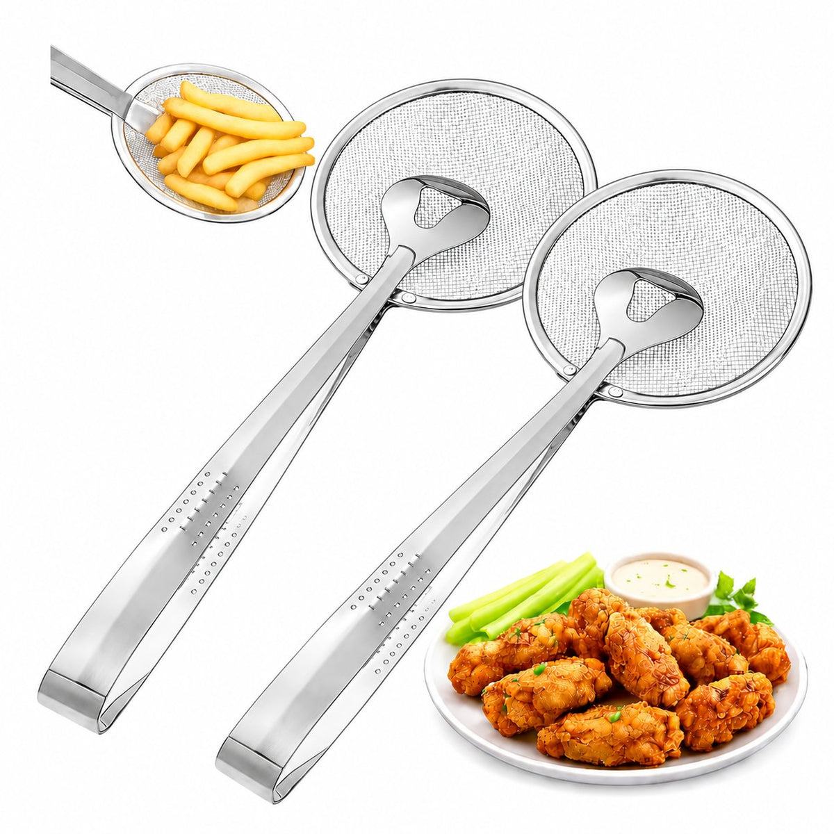🔥🏆2-in-1 Grip & Drain Frying Strainer Tongs