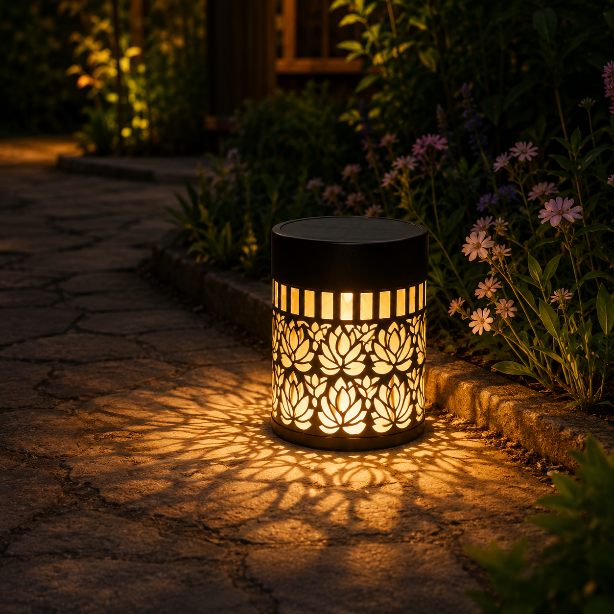 Solar Metal Lantern with Lotus Projection – Table, Wall or Hanging