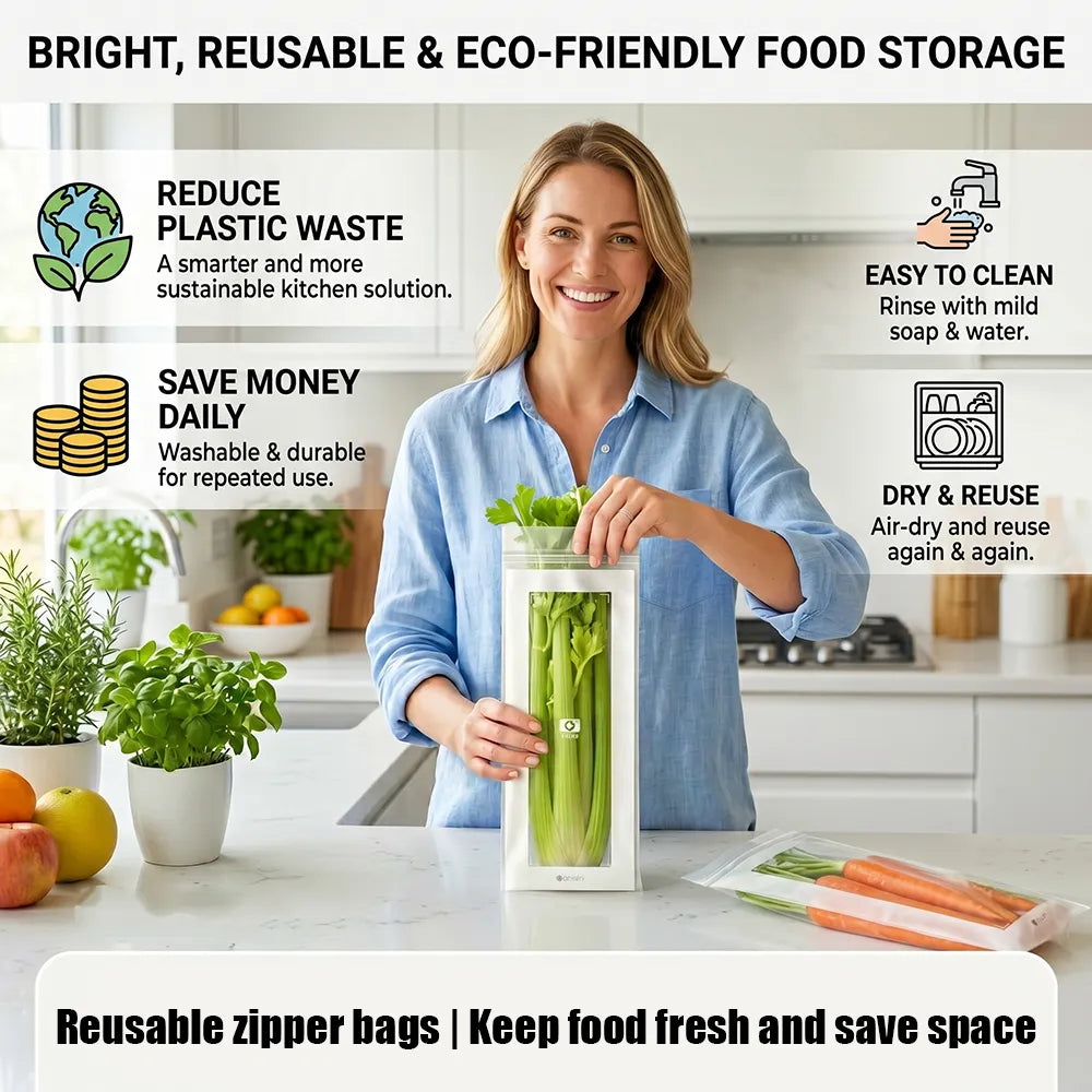 🥬 45/90PCS Reusable Long Food Storage Bags, Double-Zip Seal Freshness Bags for Kitchen
