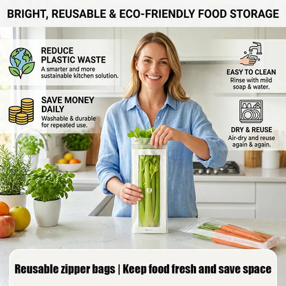 🥬 45/90PCS Reusable Long Food Storage Bags, Double-Zip Seal Freshness Bags for Kitchen