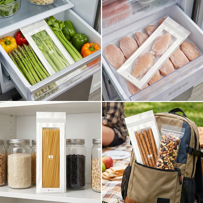 🥬 45/90PCS Reusable Long Food Storage Bags, Double-Zip Seal Freshness Bags for Kitchen