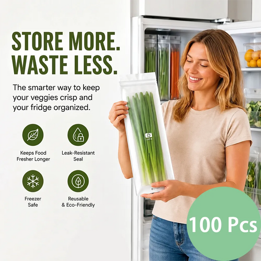 🥬 45/90PCS Reusable Long Food Storage Bags, Double-Zip Seal Freshness Bags for Kitchen