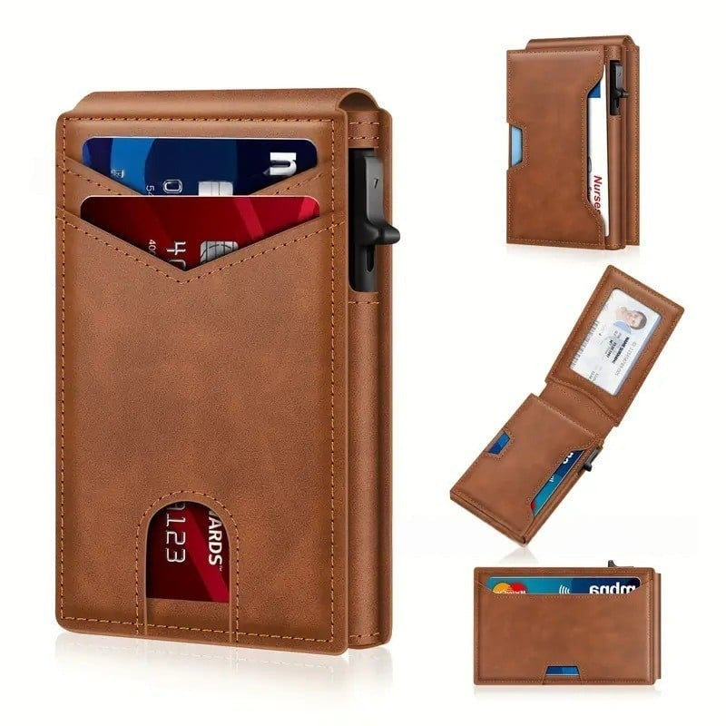 🔥🏆Wallet - With Pop Up Aluminum Case Money Clip Slim Leather Slots Credit Card Holder RFID Blocking Bifold Minimalist Wallet