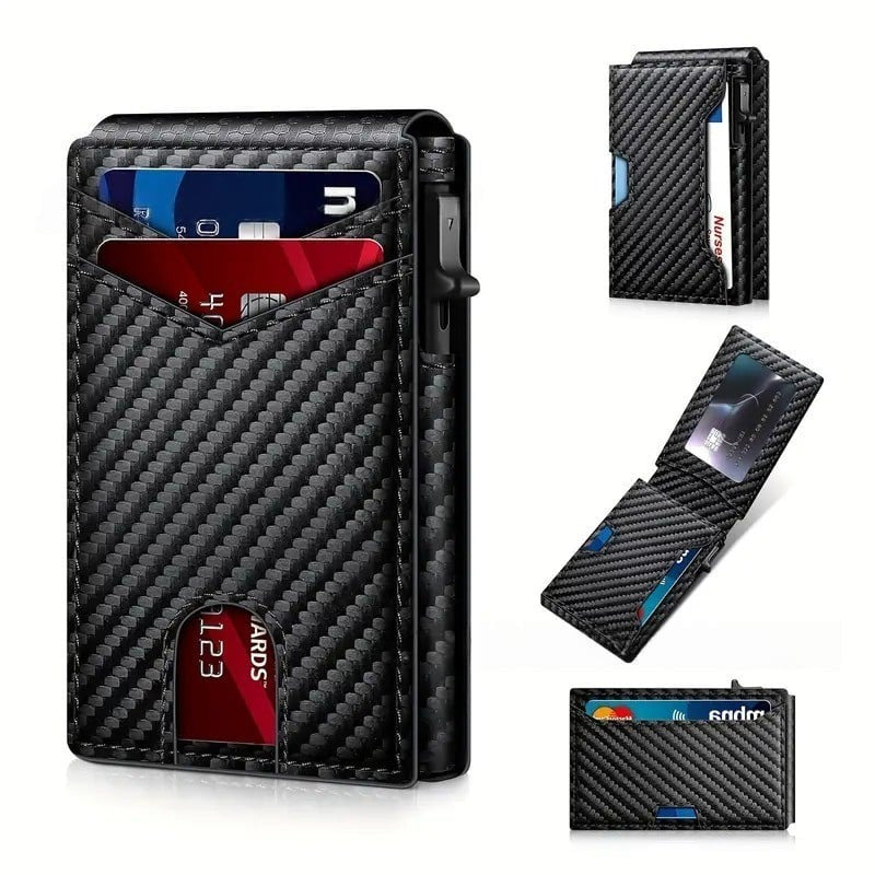 🔥🏆Wallet - With Pop Up Aluminum Case Money Clip Slim Leather Slots Credit Card Holder RFID Blocking Bifold Minimalist Wallet
