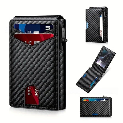🔥🏆Wallet - With Pop Up Aluminum Case Money Clip Slim Leather Slots Credit Card Holder RFID Blocking Bifold Minimalist Wallet