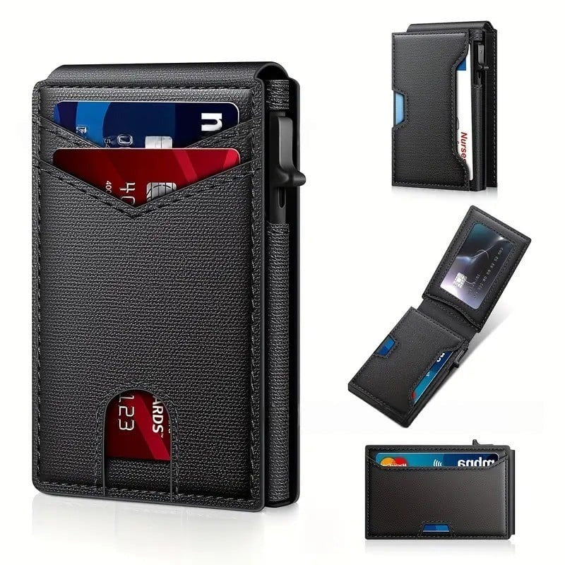🔥🏆Wallet - With Pop Up Aluminum Case Money Clip Slim Leather Slots Credit Card Holder RFID Blocking Bifold Minimalist Wallet