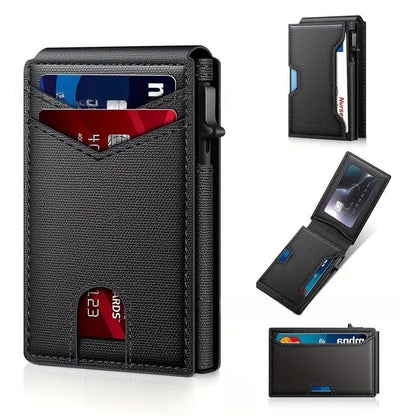 🔥🏆Wallet - With Pop Up Aluminum Case Money Clip Slim Leather Slots Credit Card Holder RFID Blocking Bifold Minimalist Wallet