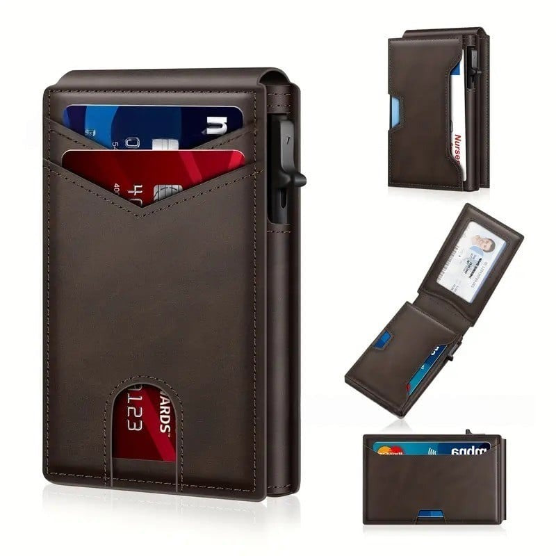 🔥🏆Wallet - With Pop Up Aluminum Case Money Clip Slim Leather Slots Credit Card Holder RFID Blocking Bifold Minimalist Wallet