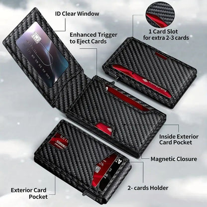 🔥🏆Wallet - With Pop Up Aluminum Case Money Clip Slim Leather Slots Credit Card Holder RFID Blocking Bifold Minimalist Wallet