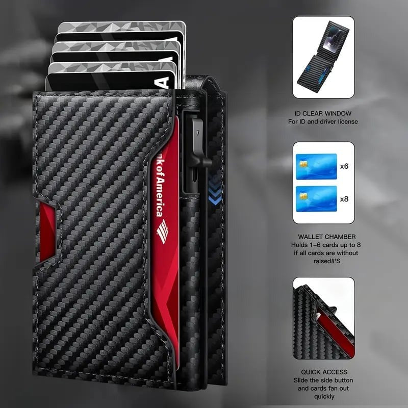 🔥🏆Wallet - With Pop Up Aluminum Case Money Clip Slim Leather Slots Credit Card Holder RFID Blocking Bifold Minimalist Wallet
